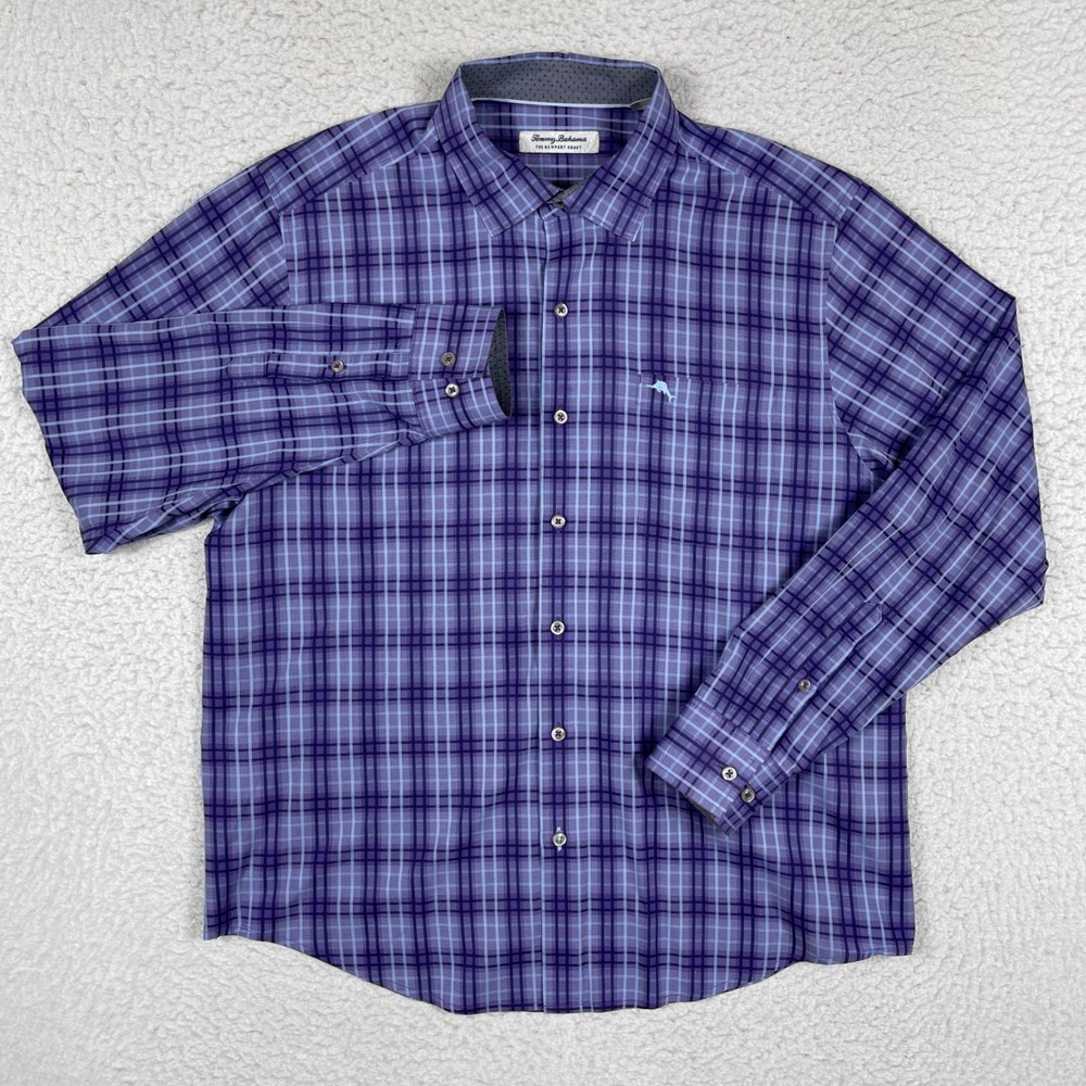 Tommy Bahama Button Down Shirt Mens Large Purple Plaid Newport Coast Cotton